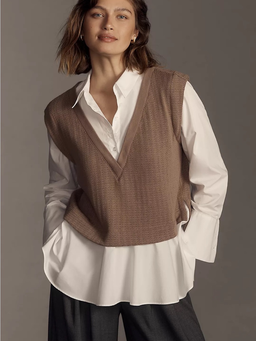 By Anthropologie Twofer Tan Knit Sweater Vest Button Down Top